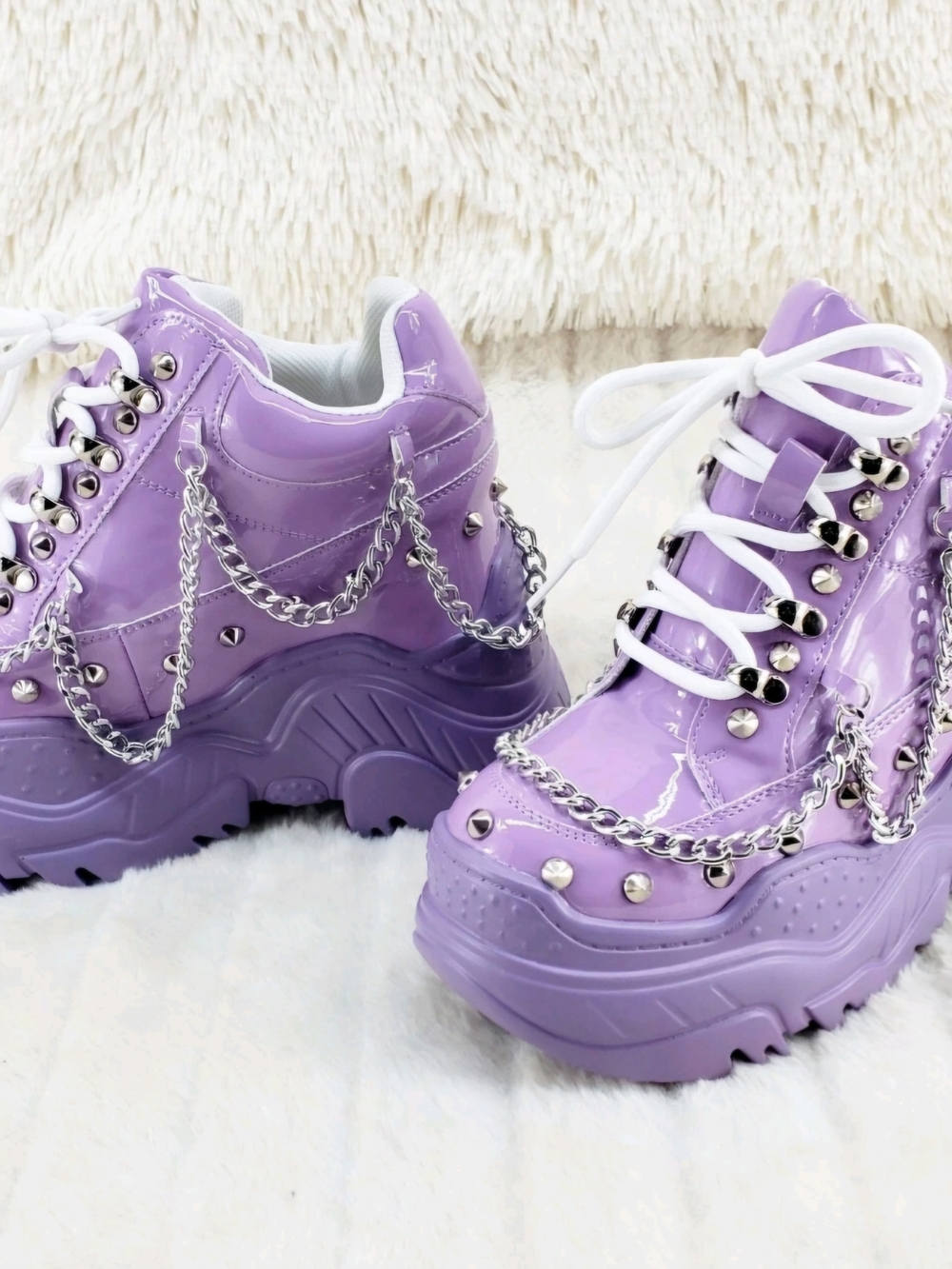 WTF By Anthony Wang Lilac Patent Sneakers Chain Studded Hidden Wedge 7.5 NWOT - Picture 7 of 14